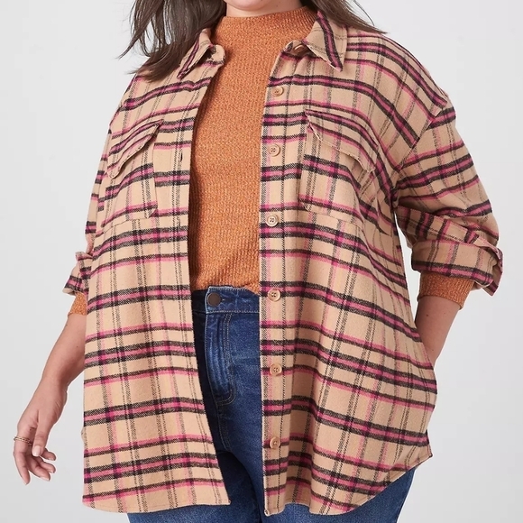 Lane Bryant Tan Pink Classic Button Front Plaid Shacket 100% Cotton Cabincore - Picture 3 of 10